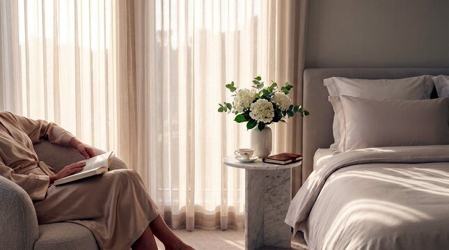Woman reading a book in a cozy sunlit bedroom