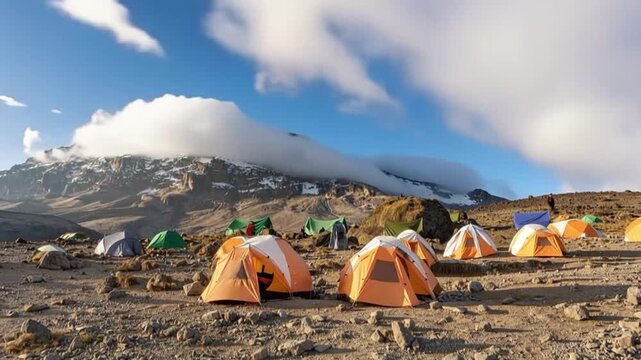 Mount Kilimanjaro. Kilimanjaro National Park in Tanzania, Africa. Trekking and climbing to the summit. Time lapse