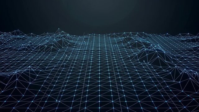 Digital Wireframe Landscape with Glowing Network Grid