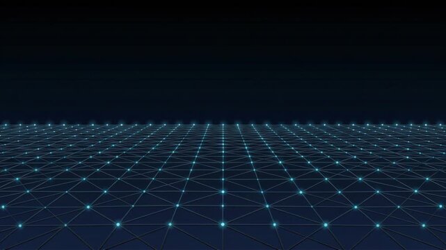 Digital Grid with Glowing Network Nodes on Dark Background