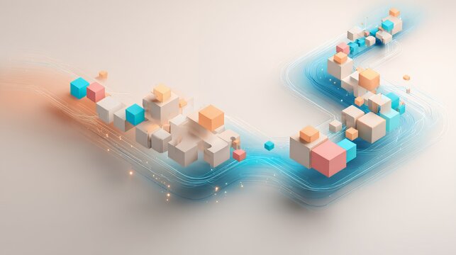 Futuristic 3D abstract composition with puzzle blocks and glowing blue fiber optic trails for technology, data flow, and networking.