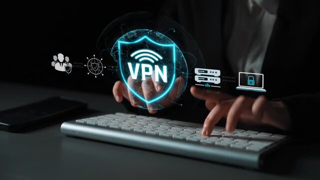 Hands Typing on Keyboard with VPN Shield Icon and Digital Security Elements in Dark Background Sigmoid