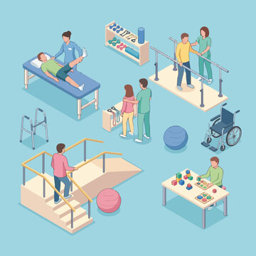 Rehabilitation center scene with patients and medical professionals