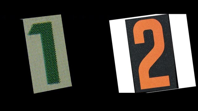 Stop Motion graphic number 1 2 magazine paper cut collage, ransom note style text,  additional video elements on transparent background (Alpha Channel)