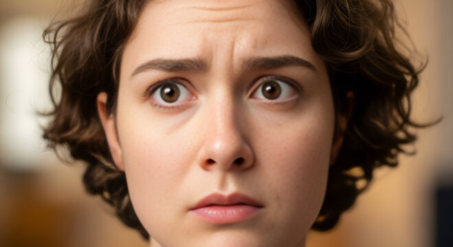 a woman shows a facial expression that looks confused