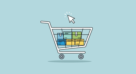 Online shopping cart with cursor clicking, e-commerce concept, delivery boxes © sri