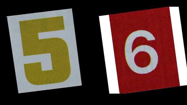 Stop Motion graphic number 5 6 magazine paper cut collage, ransom note style text,  additional video elements on transparent background (Alpha Channel)