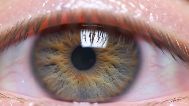 Extreme close-up of human iris and pupil with detailed texture.