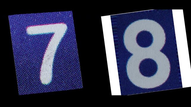 Stop Motion graphic number 7 8 magazine paper cut collage, ransom note style text,  additional video elements on transparent background (Alpha Channel)