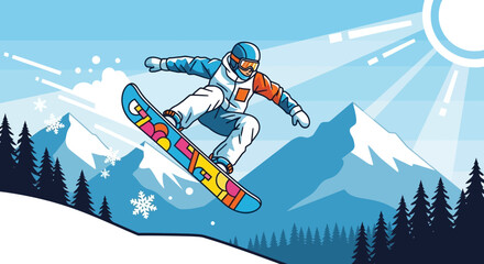 Snowboarder jumping mid-air with mountains and sun background © oky