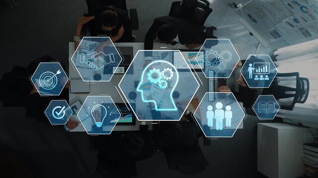 A creative business meeting scene featuring a digital brain concept, symbolizing innovative ideas and teamwork for strategic growth in a modern office environment. Raster