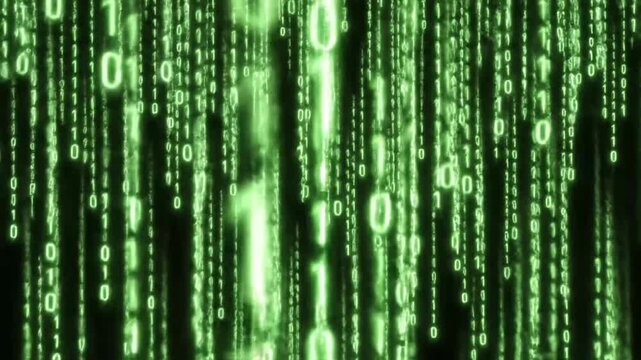 Falling green binary code digital rain on black background