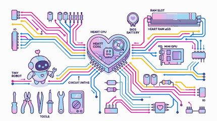 Obraz premium Cute robot character fixing a heart shaped computer processor motherboard circuit board.