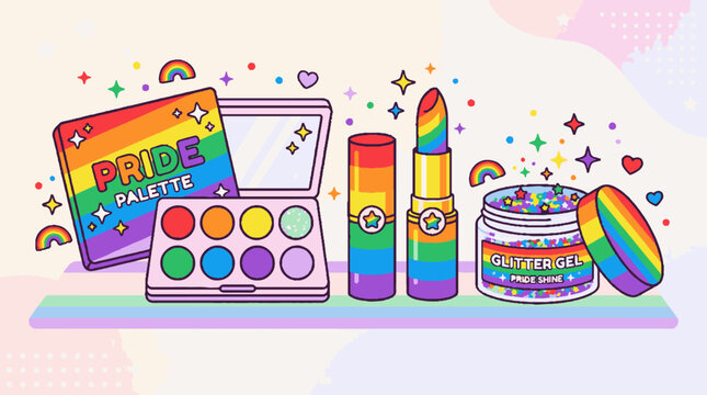 Cute rainbow pride makeup collection illustration with eyeshadow palette lipstick and cream.