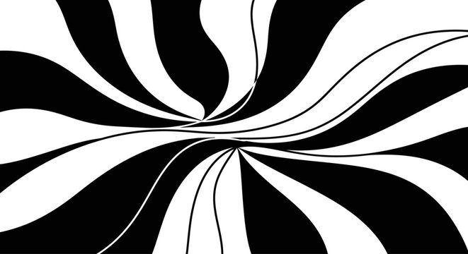 Abstract black and white optical illusion pattern with swirling lines, dynamic wavy stripes, psychedelic and hypnotic visual effect