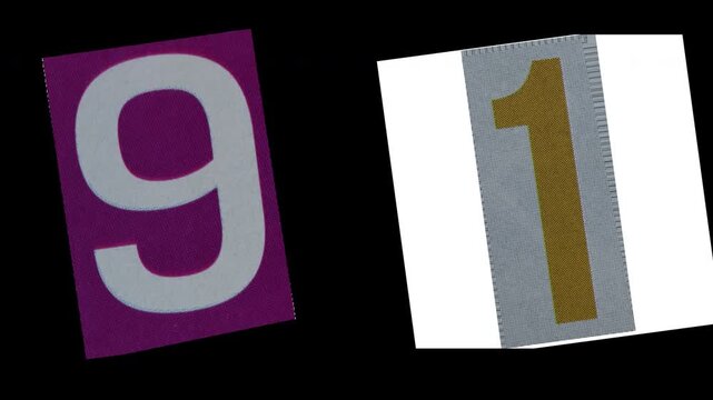 Stop Motion graphic number 9 1 magazine paper cut collage, ransom note style text, additional video elements on transparent background (Alpha Channel)