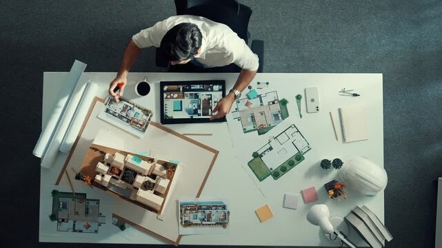Time lapse of smart civil engineer sitting and writing idea while looking at house model. Aerial view of architect or designer planning and thinking about creative building construction. Alimentation.