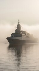 Obraz premium Stealth frigate warship sailing through dense fog on water. Modern naval vessel for military operation and maritime defense.