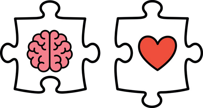 Jigsaw puzzle pieces featuring human brain and red heart icons feelings connection psychology intelligence thinking conceptual illustration combined matching rational sentimental cognitive