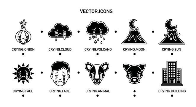Vector Icons: Crying Onion, Cloud, Volcano, Moon, Sun, Face, Animal, Building
