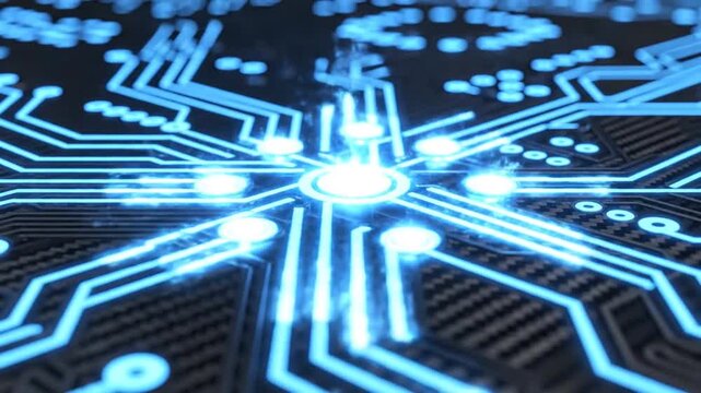 Futuristic circuit board with glowing blue light patterns.
