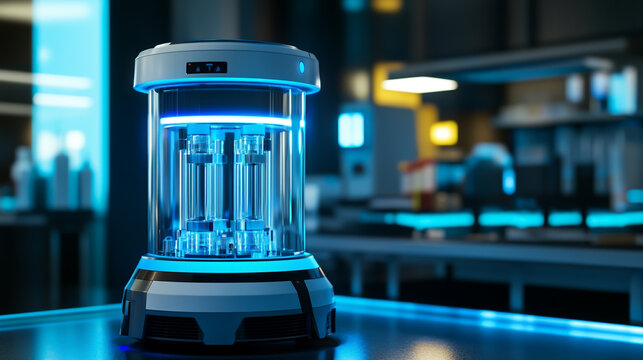 High-tech illuminated scientific containment cylinder glowing in a dark modern research laboratory with laboratory technology research futuristic