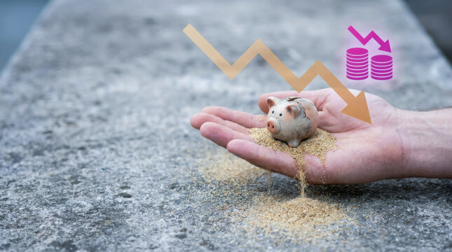 Financial crisis concept with cracked piggy bank and falling arrow symbolizing macroeconomic volatility and loss of savings in fragile economy