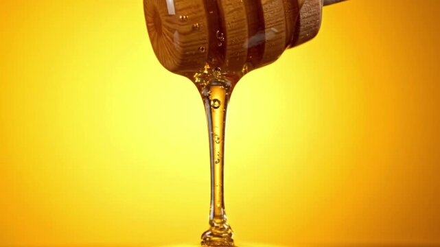 Honey drips from honey dripper against a yellow background in a close-up shot taken indoors