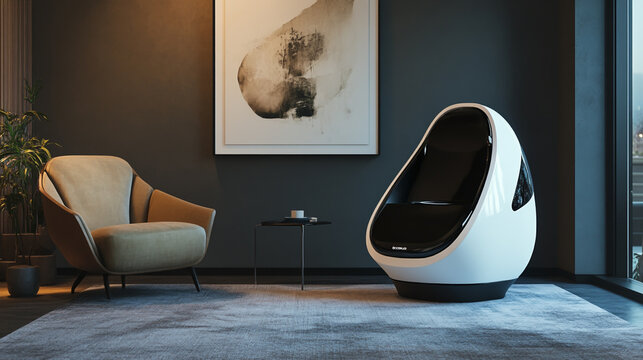Futuristic egg-shaped isolation sleep pod in modern living room with high tech futuristic relaxation furniture interior technology wellness