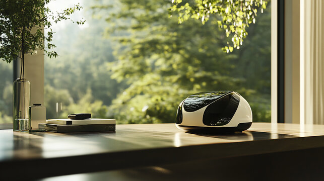 Small modern portable radio speaker on a wooden table near a window with a green forest background portable electronics technology sunlight