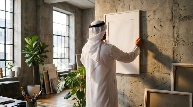 Arab man in traditional white kandura hanging a blank canvas mockup on a concrete wall in a modern industrial art studio loft