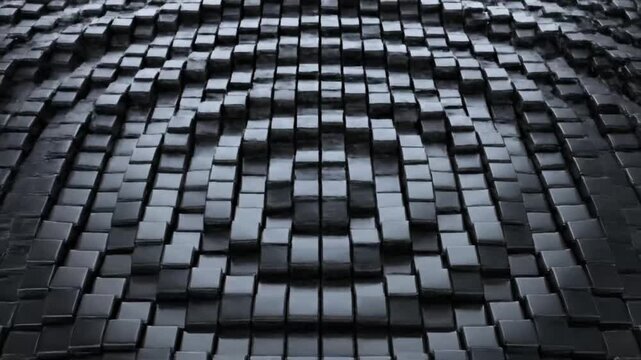 Black cubic surfaces move and shift in abstract background showing unique design patterns on a digital canvas