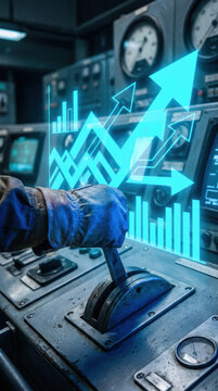 Hand with glove operating control lever in industrial setting with digital arrows and graphs symbolizing macroeconomic volatility and growth