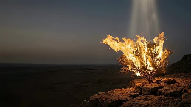 Burning bush on mountain cliff at night. Biblical scene of moses witnessing divine fire. Ancient religious event inspired by exodus story. Miracle of god light.