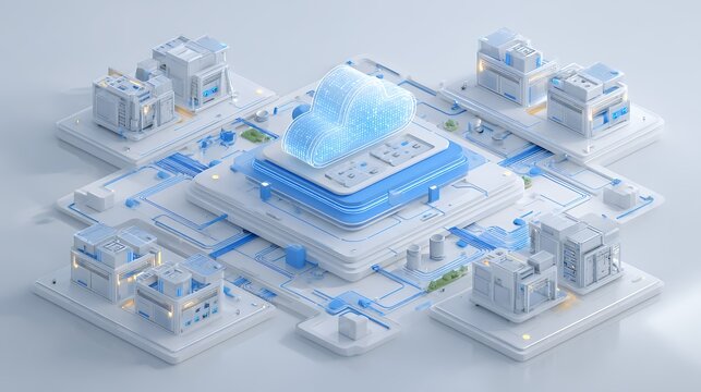 3D isometric glowing cloud computing microchip and data center servers, futuristic cyber security and network database concept.