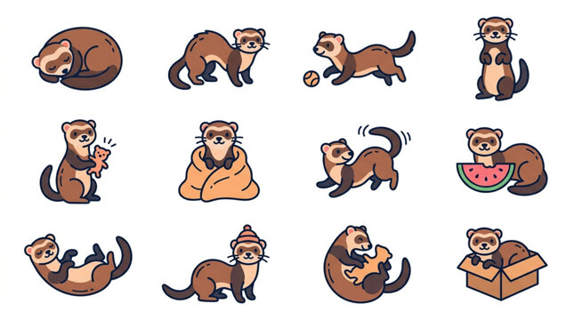 Collection of cute cartoon ferrets in various poses and activities.