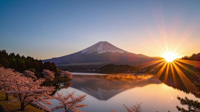 Sunrise over Mount Fuji in Japan with cherry blossoms and still water reflection