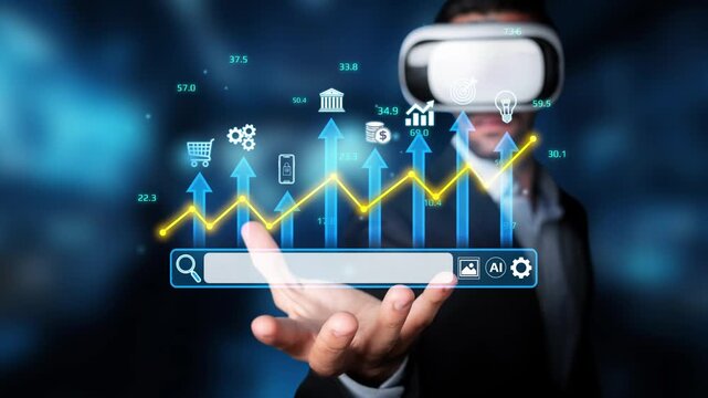 Business professional wearing virtual reality headset engaged in data analysis with virtual graphs and icons representing digital transformation and technology advancements. Entropy.
