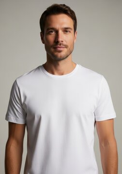 Handsome man wearing white t-shirt on neutral background. Casual male fashion model showing minimalistic style. Simple clothing product mockup for apparel advertisement and portrait study.