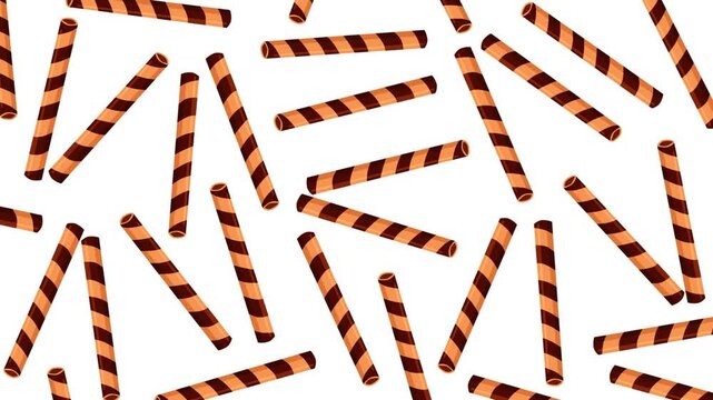 Seamless pattern of chocolate wafer biscuit sticks on white background, ideal for bakery branding, snack packaging, dessert content, and sweet food marketing visuals and motion graphics