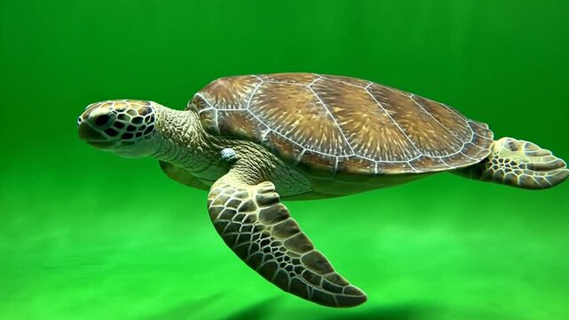 Sea turtle swimming underwater with a green background