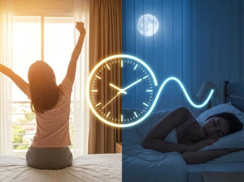Woman waking up in sunny bedroom and sleeping in dark night bedroom. Concept of biological clock, circadian rhythm and sleep cycle. Comparison of morning routine and night rest time.