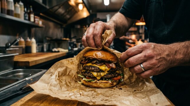 Hands Wrapping Double Beef Burger in Parchment Paper Close Up Action Shot Moody Lighting