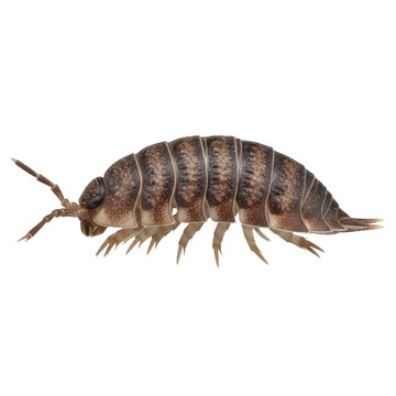 Ultra photorealistic macro side view of a brown/gray woodlouse (pill bug) showcasing its segmented armored body, isolated on a pristine light neutral background with zero shadows, scientific study