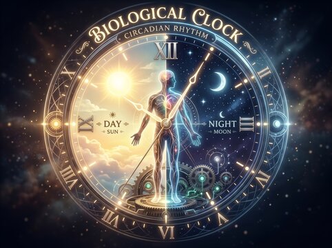 Biological clock with human silhouette representing circadian rhythm. Day and night cycle concept with sun and moon phases. Human body physiology and health regulation in time concept.