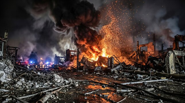 Firefighter crew extinguishing massive building explosion at night. Ruined warehouse after air strike. Dangerous disaster site with burning debris. Dramatic war conflict aftermath scene.