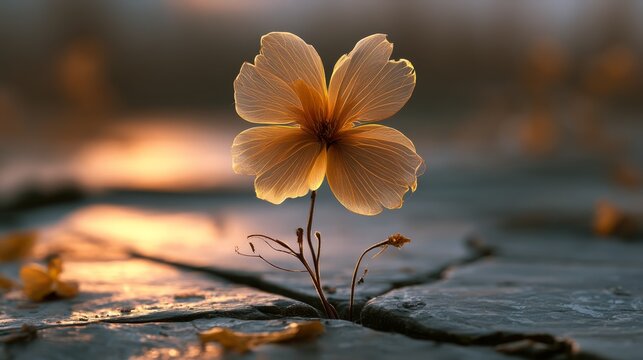 Resilience Blooming: A solitary delicate flower, bathed in the golden light of dawn, pushes through a cracked pavement, symbolizing hope and tenacity in the face of adversity.
