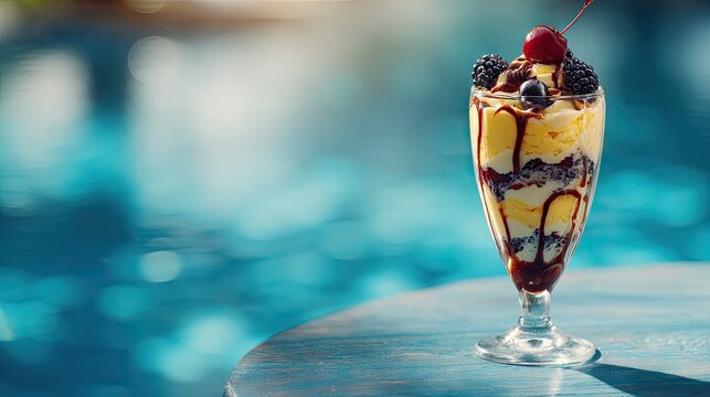 Delicious layered dessert with fruits on table near pool area