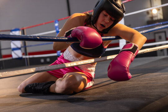 Pink boxing gloves are resting on middle ropes of blue and crimson ring at training gym
