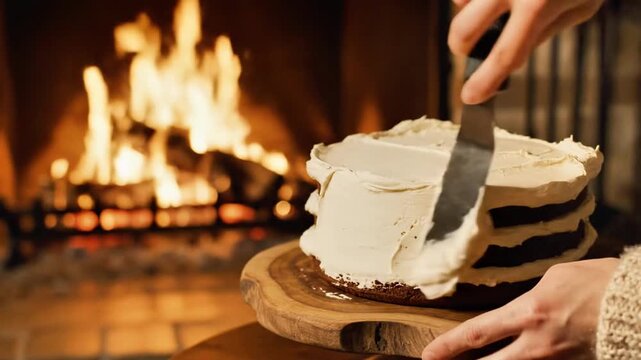 A meticulously crafted three-tiered cake adorned with smooth, white frosting is poised on a rustic wooden board as a figure's hand reaches towards it, causing a slight disturbance in the frosting.